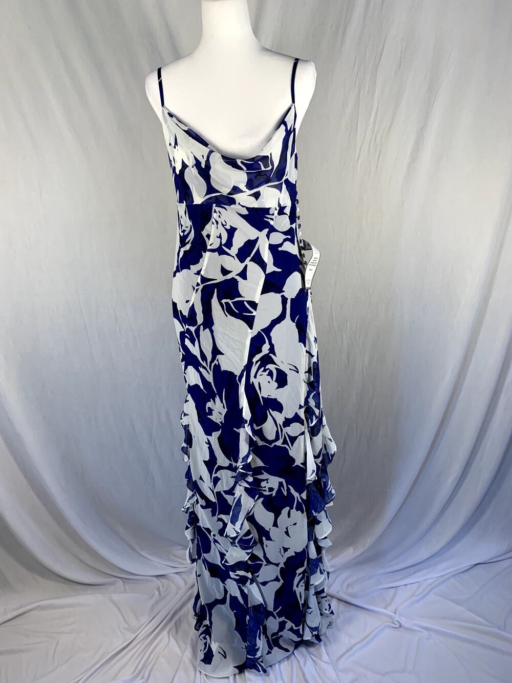 Betsy & Adam Women’s Size 2 White Royal Blue Floral Cowl Neck Ruffle Gown